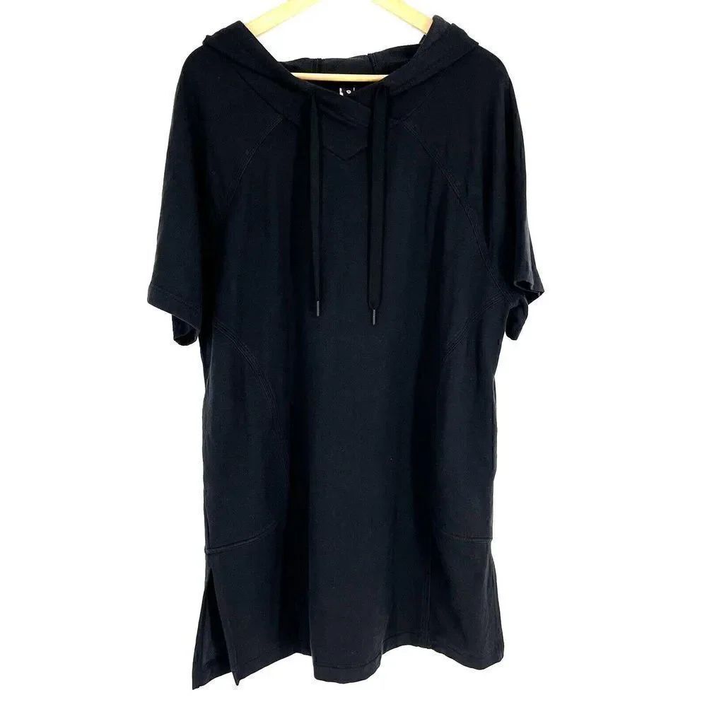 Athleta Cabana Tunic Size Medium Black Short Sleeve Relaxed Pullover Hoodie Knit